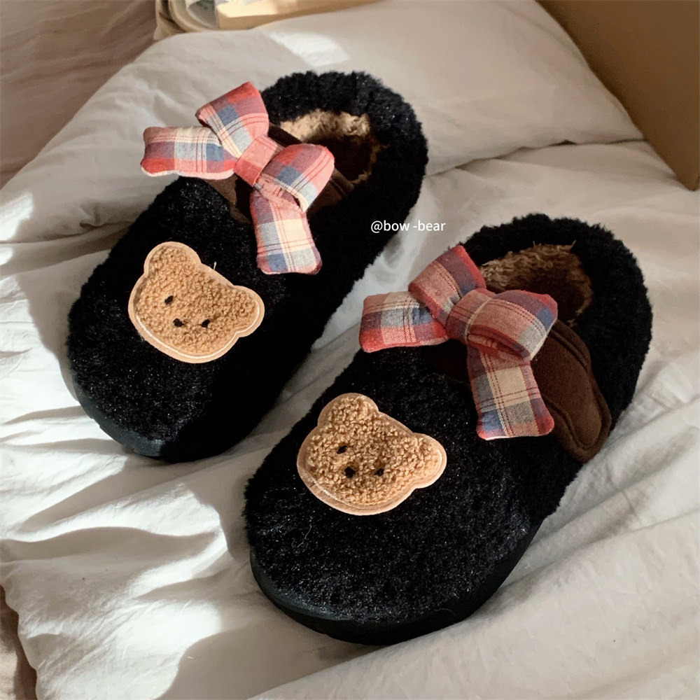 细细条 魔术贴毛毛单鞋复古格子蝴蝶结小熊冬季新款女士外穿棉鞋,淘宝优惠券,粉丝福利购,淘宝优惠卷