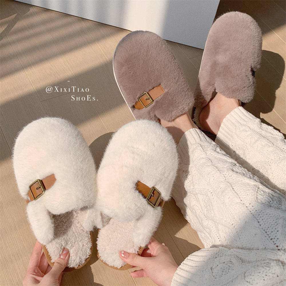细细条 简约风创意皮带扣包头毛毛鞋情侣冬季室内保暖棉拖鞋男女,淘宝优惠券,粉丝福利购,淘宝优惠卷