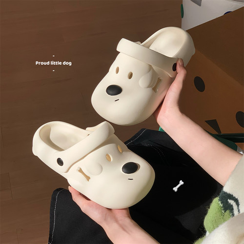 细细条 可爱狗狗情侣拿铁色凉拖夏百搭趣味EVA厚底男女沙滩洞洞鞋 - 图1