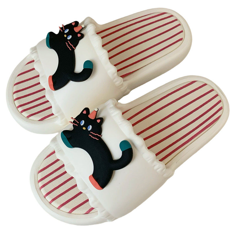 细细条 创意条纹一字拖鞋女外穿防滑夏季趣味黑色小猫拼色凉拖鞋,淘宝优惠券,粉丝福利购,淘宝优惠卷