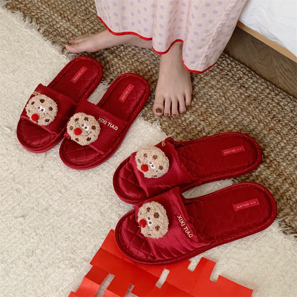 细细条 红鼻子曲奇饼干新婚拖鞋男女ins喜庆四季通用情侣棉麻拖鞋,淘宝优惠券,粉丝福利购,淘宝优惠卷