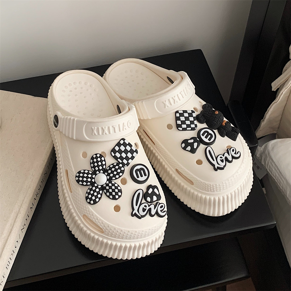 细细条 暗黑系小熊格子花朵洞洞鞋百搭两穿夏季厚底沙滩凉拖鞋女,淘宝优惠券,粉丝福利购,淘宝优惠卷