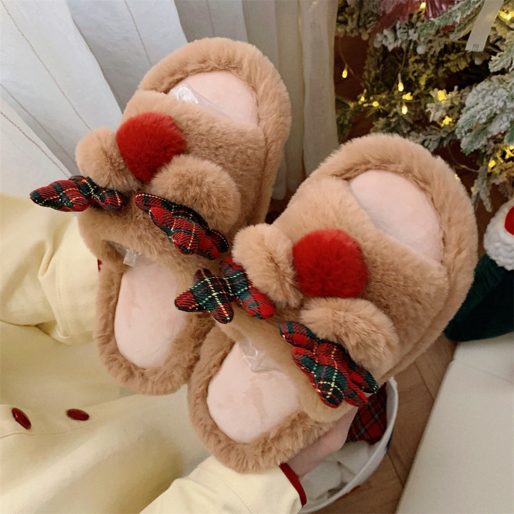 细细条 卡通圣诞麋鹿一字毛毛拖鞋男女可爱秋冬季情侣居家棉拖鞋,淘宝优惠券,粉丝福利购,淘宝优惠卷
