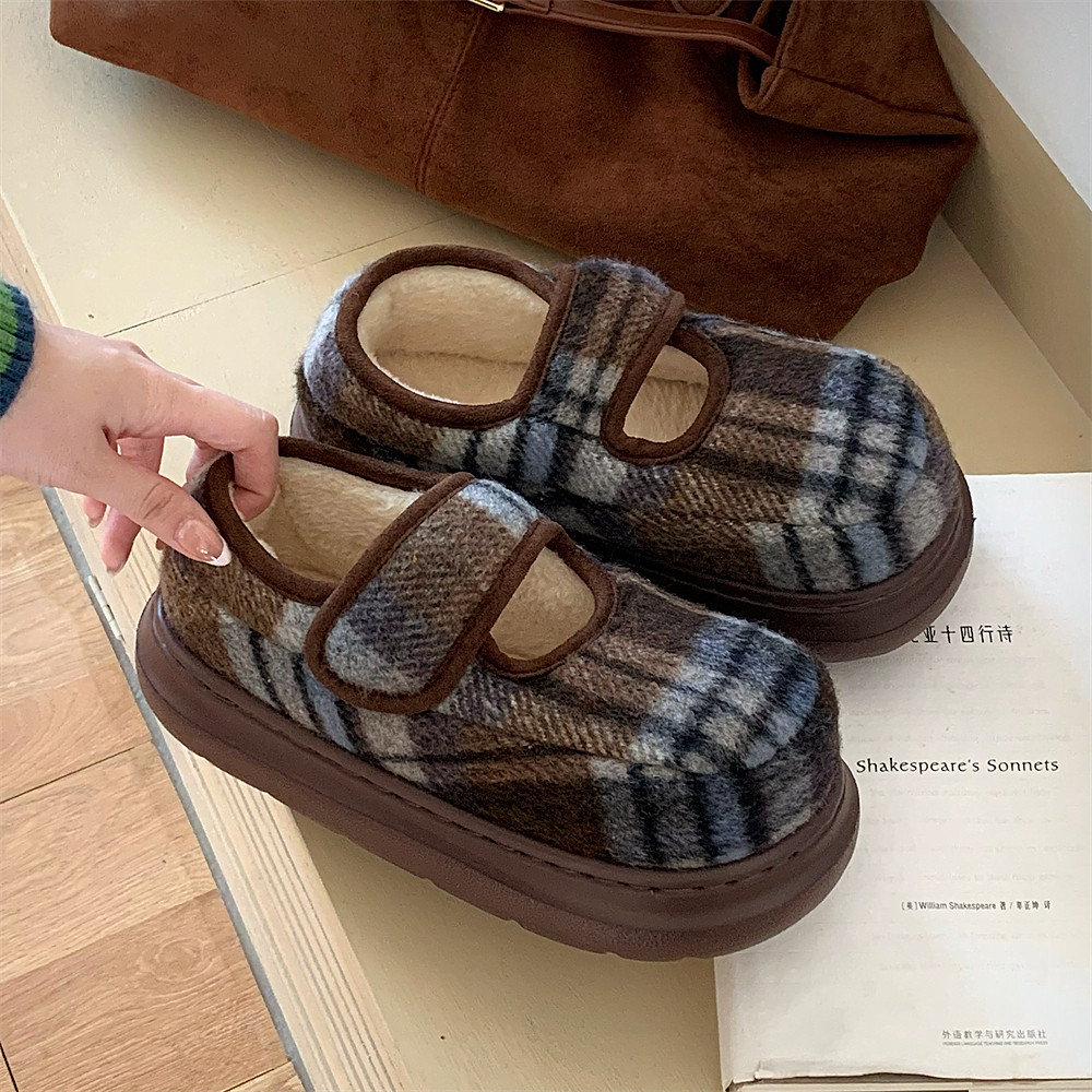 细细条 魔术贴豆豆鞋女时尚豹纹防滑厚底秋冬格子玛丽珍面包棉鞋,淘宝优惠券,粉丝福利购,淘宝优惠卷