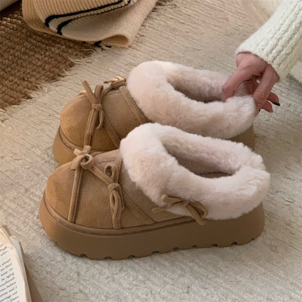 细细条 韩系蝴蝶结一脚蹬毛毛鞋女冬外穿厚底加绒保暖乐福棉拖鞋,淘宝优惠券,粉丝福利购,淘宝优惠卷