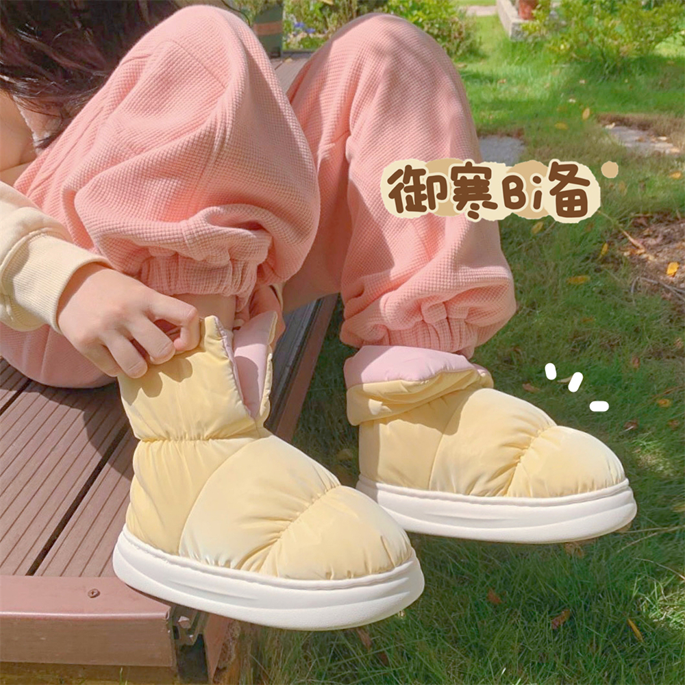 细细条 冬季外穿保暖加绒加厚防水羽绒布棉鞋时尚撞色雪地靴女ins - 图1