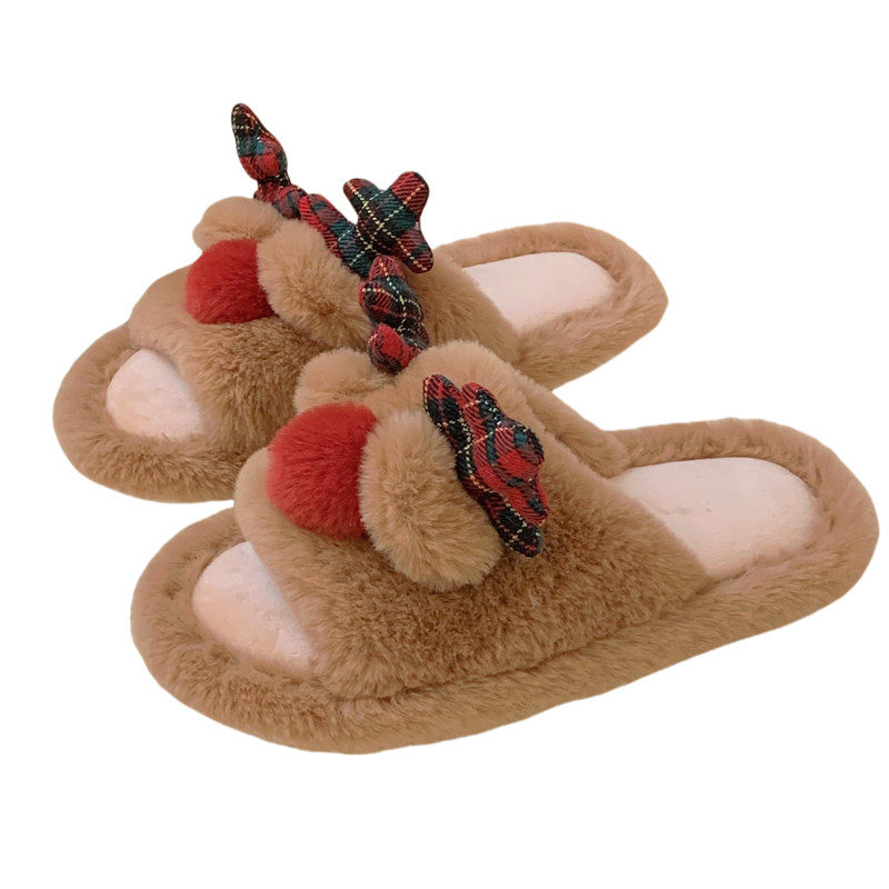 细细条 卡通圣诞麋鹿一字毛毛拖鞋男女可爱秋冬季情侣居家棉拖鞋,淘宝优惠券,粉丝福利购,淘宝优惠卷