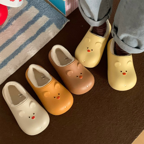 细细条 保暖包跟可爱小熊防水棉拖鞋女冬居家外穿防滑棉鞋月子鞋 - 图0