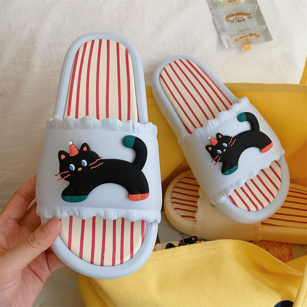 细细条 创意条纹一字拖鞋女外穿防滑夏季趣味黑色小猫拼色凉拖鞋,淘宝优惠券,粉丝福利购,淘宝优惠卷