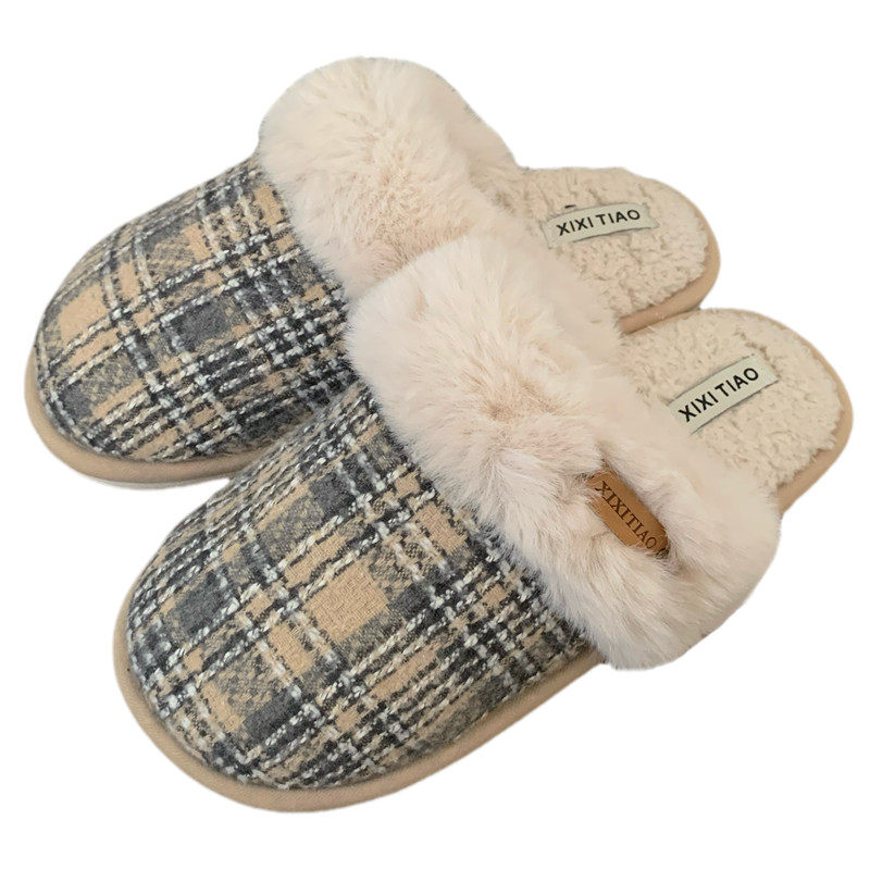 细细条 男士棉拖鞋ins潮时尚休闲防滑保暖包头冬季复古格子毛毛鞋,淘宝优惠券,粉丝福利购,淘宝优惠卷