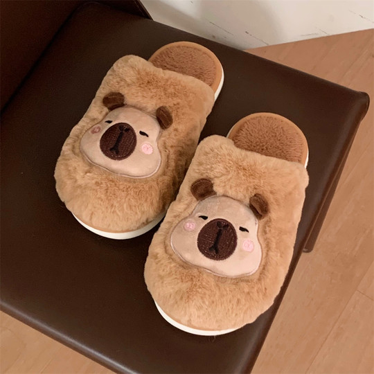 细细条 丑萌卡皮巴拉水豚毛毛拖鞋男女冬情侣防滑居家保暖棉拖鞋