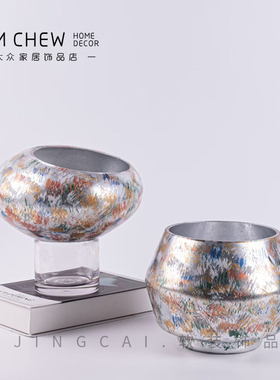 轻奢极简现代金花银箔玻璃圆盘灰色样板间摆件售楼处酒店餐桌饰品