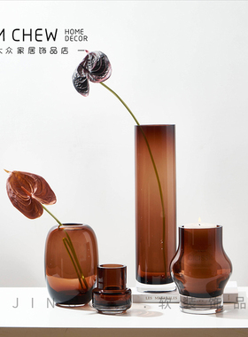 轻奢极简现代灰色琥珀色透明小花器客厅餐桌会议室洽谈桌软装饰品