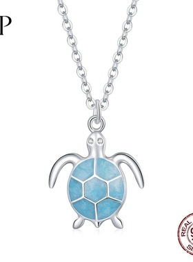 锦河畔 新款镀白金蓝色海龟项链 动物滴油s925银乌龟锁骨链