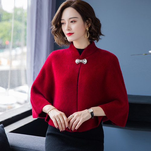 貂绒小披肩斗篷外套女秋冬羊绒红色婚礼婚纱旗袍外搭白色短款披风 - 图0