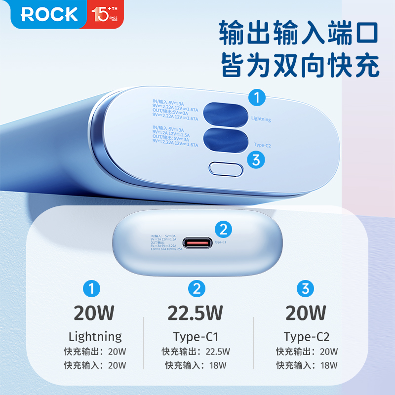 ROCK哆啦A梦充电宝自带线10000毫安能量袋快充移动电源超薄小巧便携一万大容量适用苹果华为小米官方正品