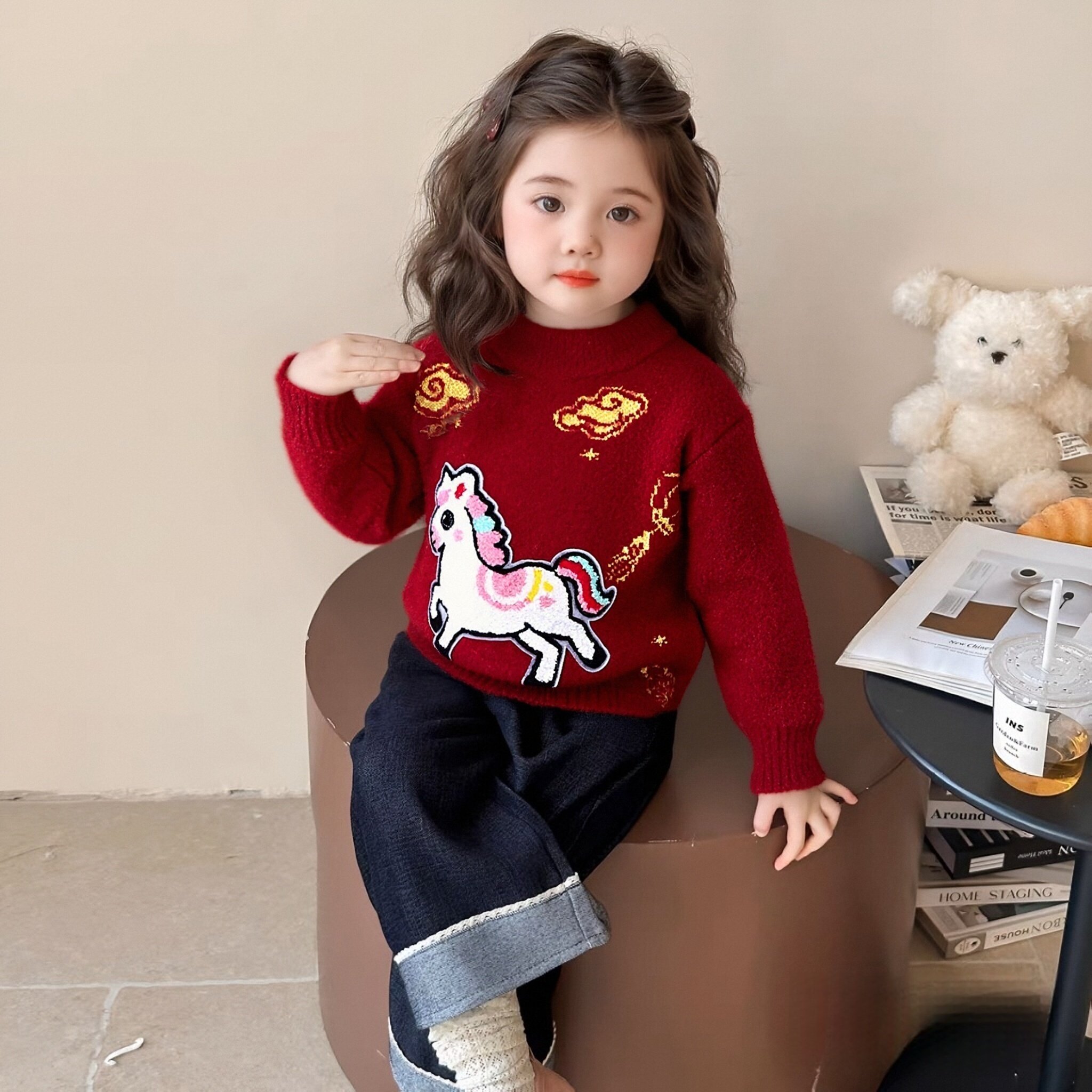 2025女童红色加绒加厚针织衫毛衣新年水貂绒男童洋气保暖秋冬上衣,淘宝优惠券,粉丝福利购,淘宝优惠卷