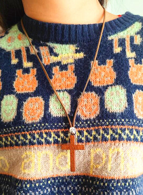 小号一体木十字吊坠架项链男女复古手工长款毛衣链原创挂件平安符