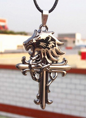 大气钛钢狮子头男士十字架吊坠