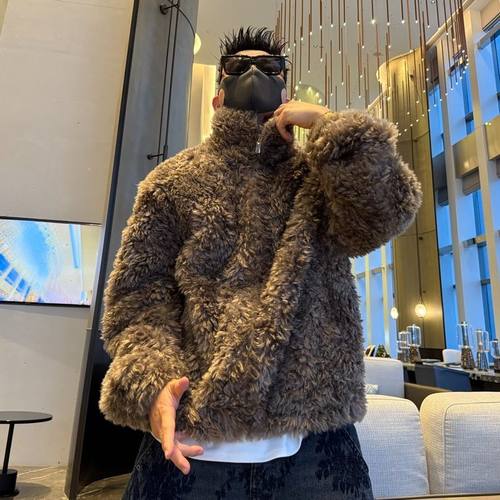 毛毛绒男士夹克外套2025新款加棉保暖冬季痞帅时尚仿皮草大衣潮流 - 图0