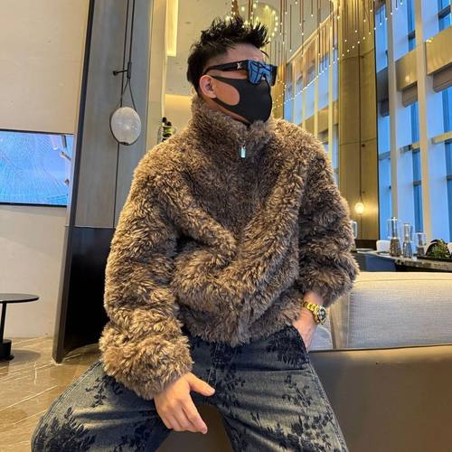 毛毛绒男士夹克外套2025新款加棉保暖冬季痞帅时尚仿皮草大衣潮流 - 图1