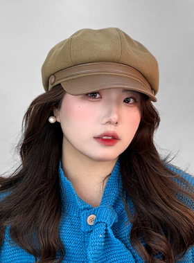 ［大头阿枝］秋冬女网红时尚百搭画家帽鸭舌斜边帽檐显脸小八角帽