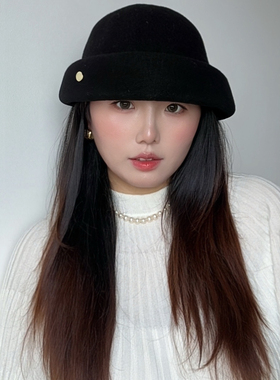 大头围方圆脸法式复古卷边羊毛礼帽女秋冬显脸小渔夫帽千金风盆帽
