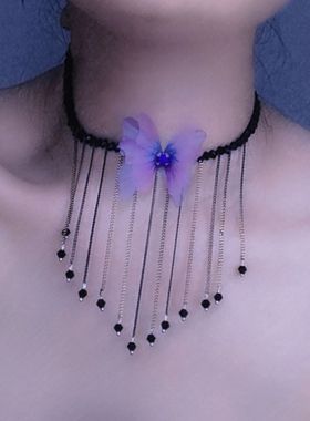 黑晶石尖水晶珠流苏小众锁骨链唯美梦幻森系蝴蝶女颈链项链长吊坠