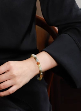 玉器工艺品天然新疆和田玉楼兰三色8mm圆珠手串女款手串手链送证