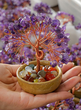 天然黄水晶发财树茶盏底座聚宝盆水晶树水晶摇钱树桌面招财摆件