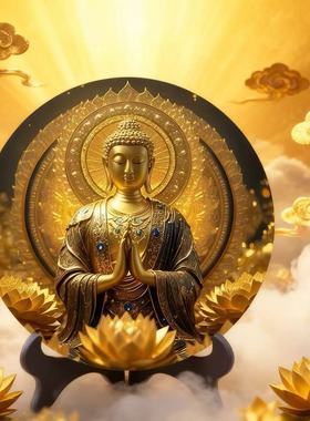 现货释迦牟尼佛像坐像圆形相框木质摆件客厅玄关茶桌桌面装饰摆台