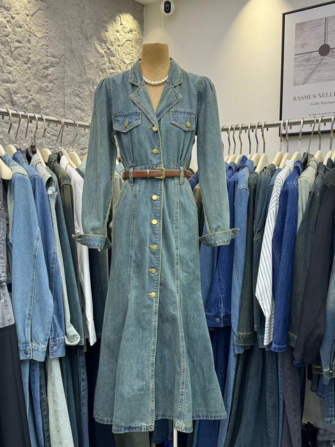 2024 Autumn Denim Dress Women's Spring Long Sleeve Suit Collar Single Breasted Long Skirt High-end Denim Shirt Dress