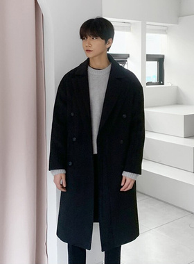 韩逐新款韩版毛呢大衣男装冬季羊绒外套休闲系带中长款呢子风衣潮