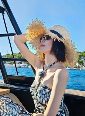 秦岚同款拉菲草大檐防晒草帽女