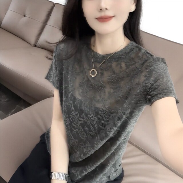 ເສື້ອຍືດແຂນສັ້ນ jacquard lace ເລັກນ້ອຍ see-through ສໍາລັບແມ່ຍິງ