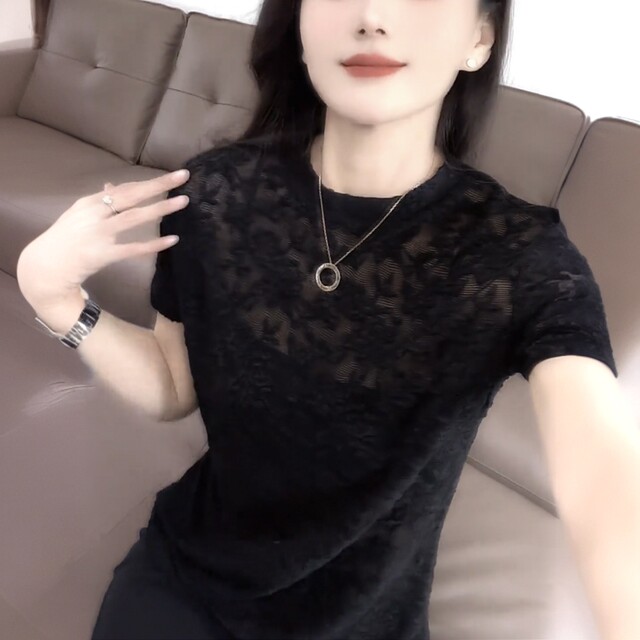 ເສື້ອຍືດແຂນສັ້ນ jacquard lace ເລັກນ້ອຍ see-through ສໍາລັບແມ່ຍິງ