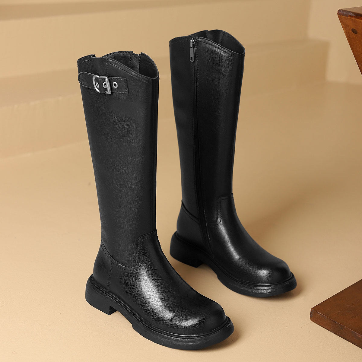 西村名物（微瑕）欧美风挺括时髦皮扣骑士靴不过膝长筒靴高靴,淘宝优惠券,粉丝福利购,淘宝优惠卷
