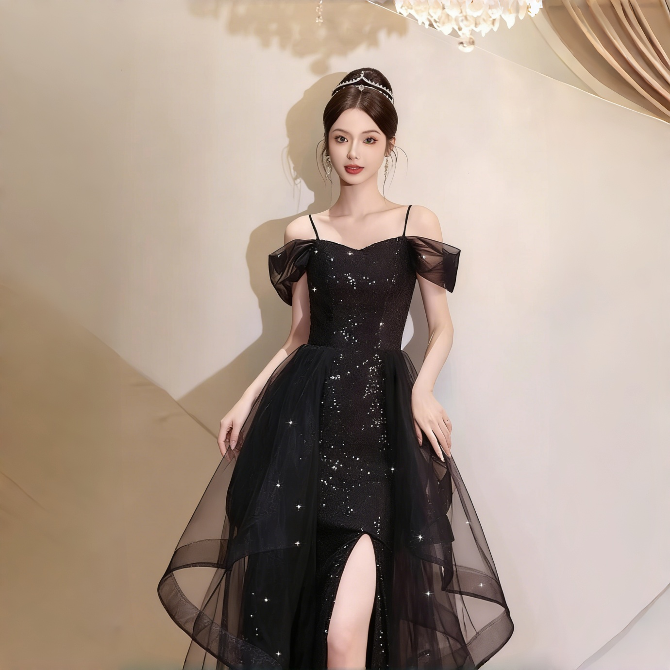 黑色亮片连衣裙女一字肩收腰开叉晚礼服年会演出网纱拼接气质裙女,淘宝优惠券,粉丝福利购,淘宝优惠卷