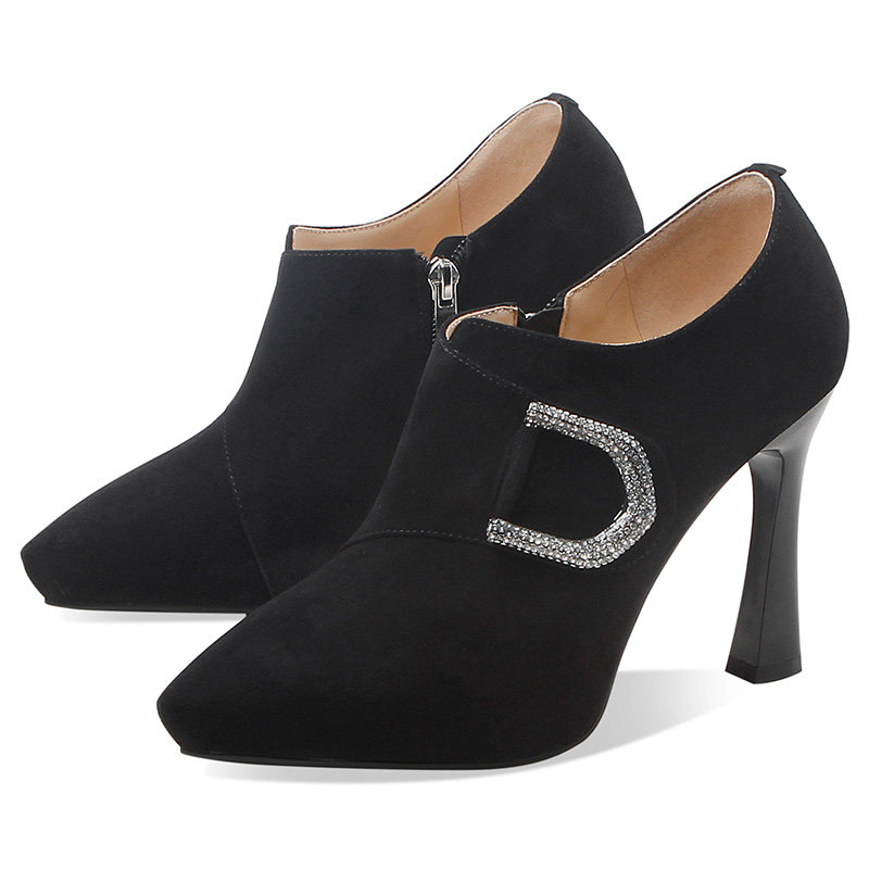 磨砂真皮水钻尖头深口细跟单鞋女2025春秋季新性感防水台高跟鞋,淘宝优惠券,粉丝福利购,淘宝优惠卷