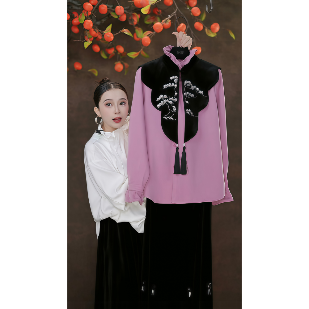2026年春季新款新中式国风小众浅紫色花边领衬衫加流苏刺绣披肩女,淘宝优惠券,粉丝福利购,淘宝优惠卷
