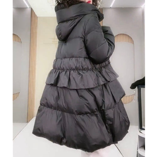 中长款白鸭绒羽绒服女春季2026年新款收腰显瘦吸扣荷叶边连帽外套 - 图2