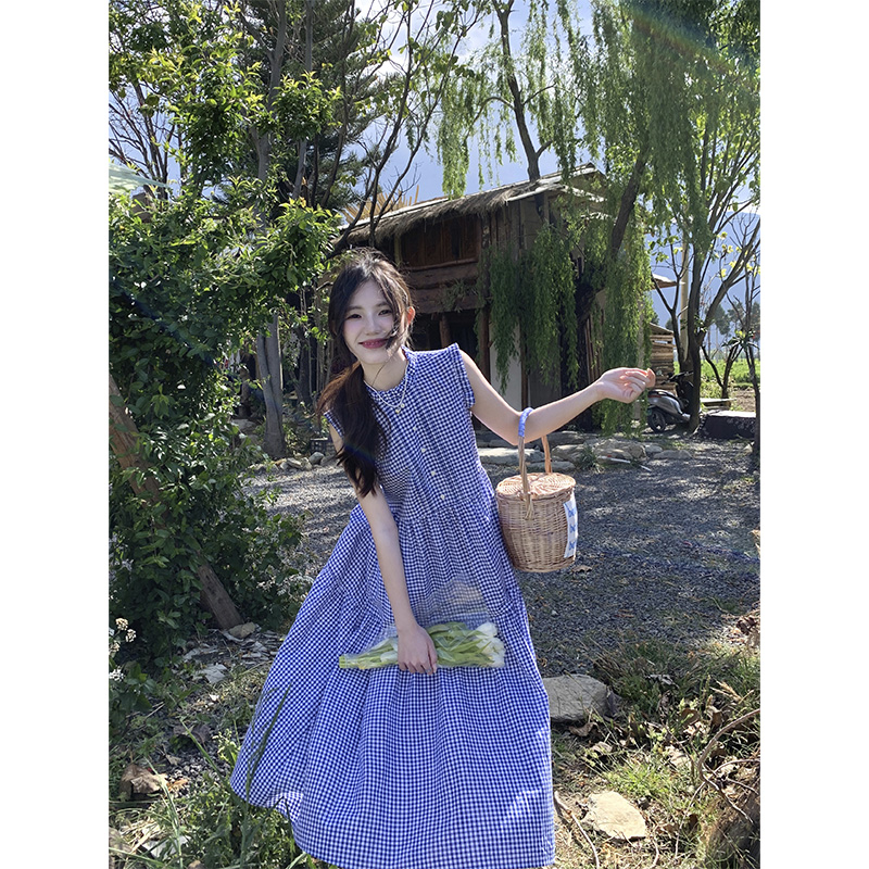 cozydays 蓝色格纹无袖连衣裙夏季法式收腰设计感显瘦气质长裙子 - 图2