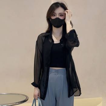 Fat sister solid color chiffon shirt Japanese shirt women 2024 summer thin breathable loose versatile long-sleeved sun protection shirt