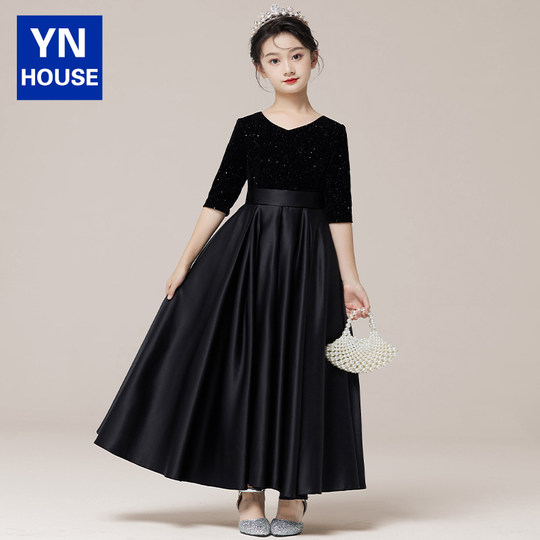 女童黑色儿童礼服裙中大童花童婚礼女孩高端主持人钢琴演奏演出服