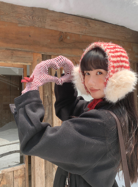 深海冬季红色毛绒球保暖耳套女