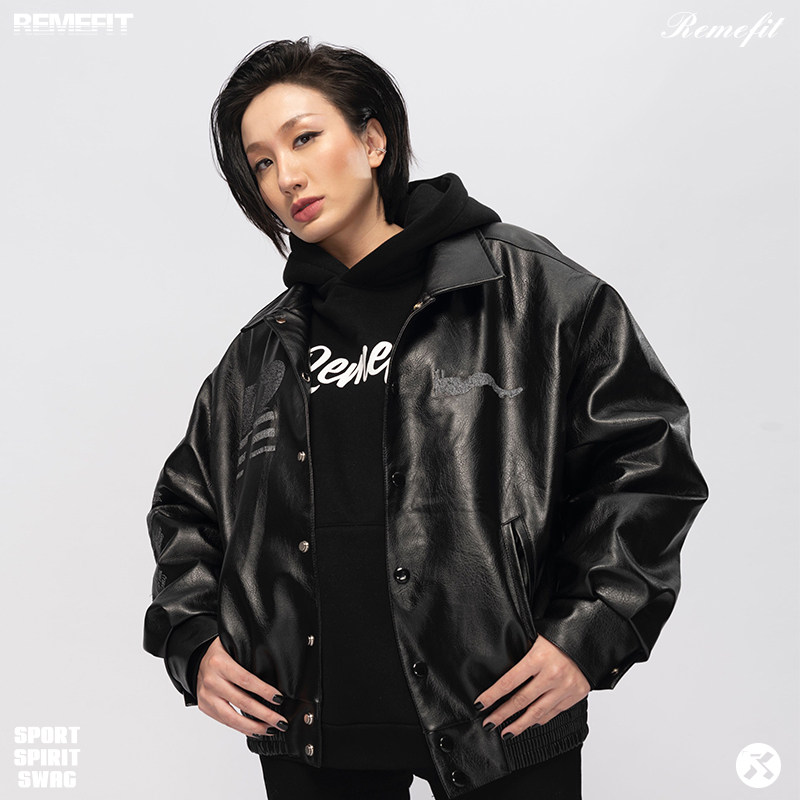 REMEFIT  反光刺绣加厚羊羔绒内里短款李小龙男女皮衣外套夹克潮,淘宝优惠券,粉丝福利购,淘宝优惠卷