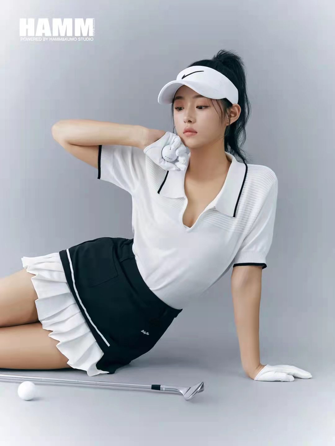 韩版高尔夫球服装女套装夏季冰丝白色短袖POLO衫golf速干百褶短裙 - 图2