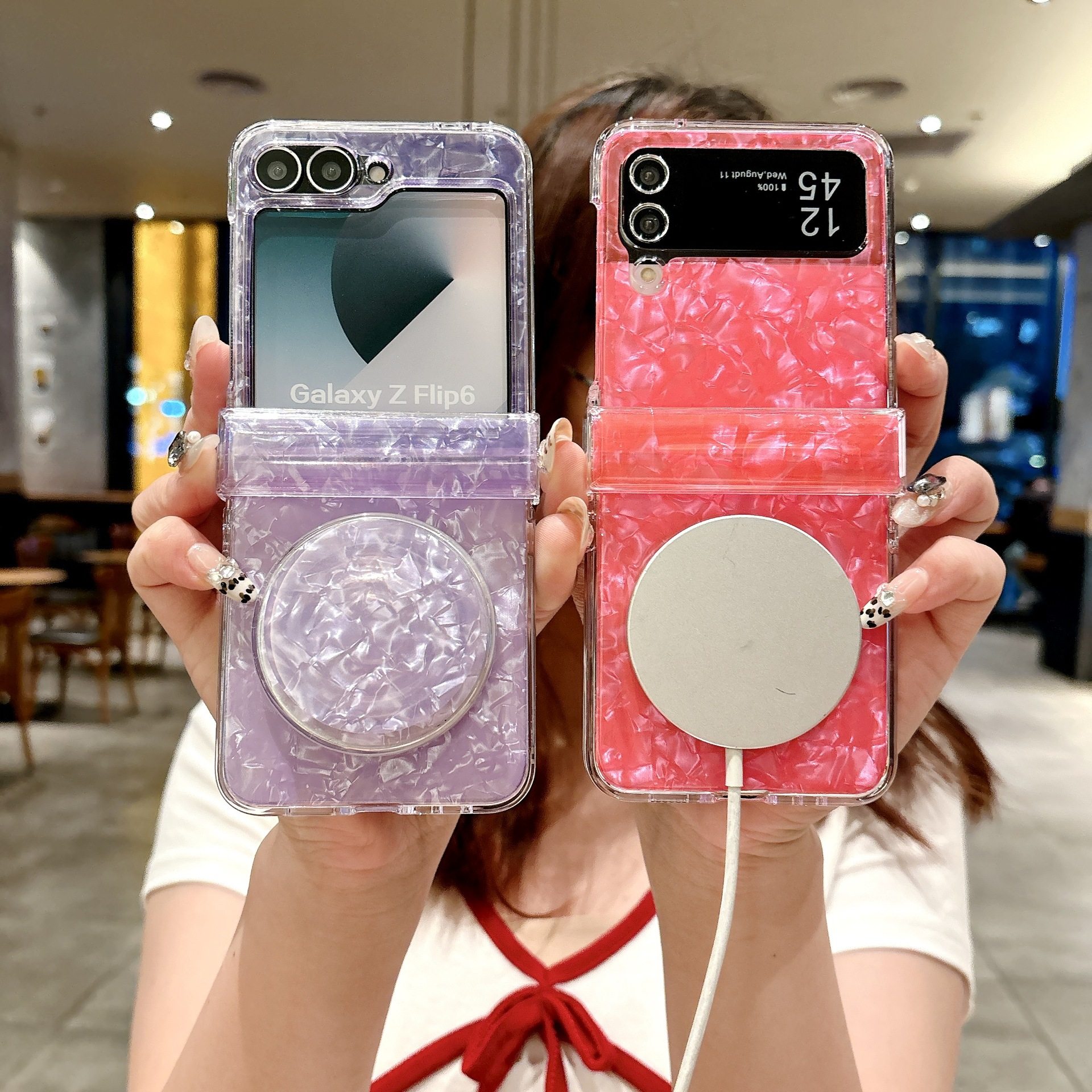 适用三星zflip6/5手机壳全包铰链防摔zflip4/3个性创意贝壳纹透明,淘宝优惠券,粉丝福利购,淘宝优惠卷