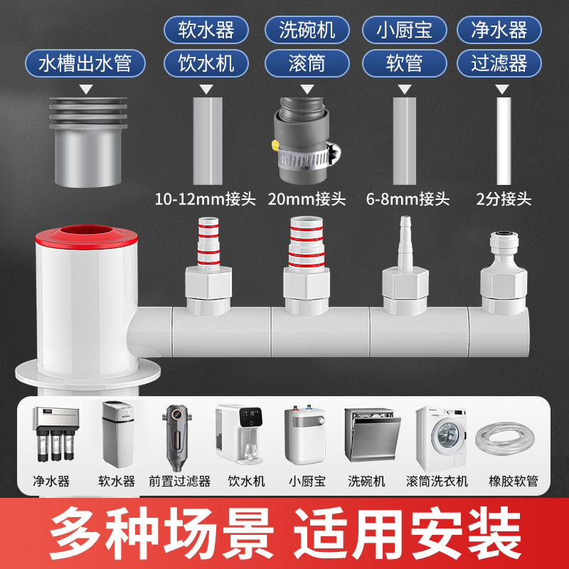 厨房下水管水槽三头通防臭排水道分水器二合一分水器多功能接头 - 图2