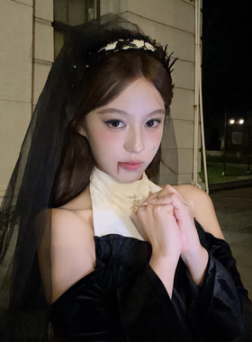 暗夜新娘万圣节蕾丝花头纱发箍